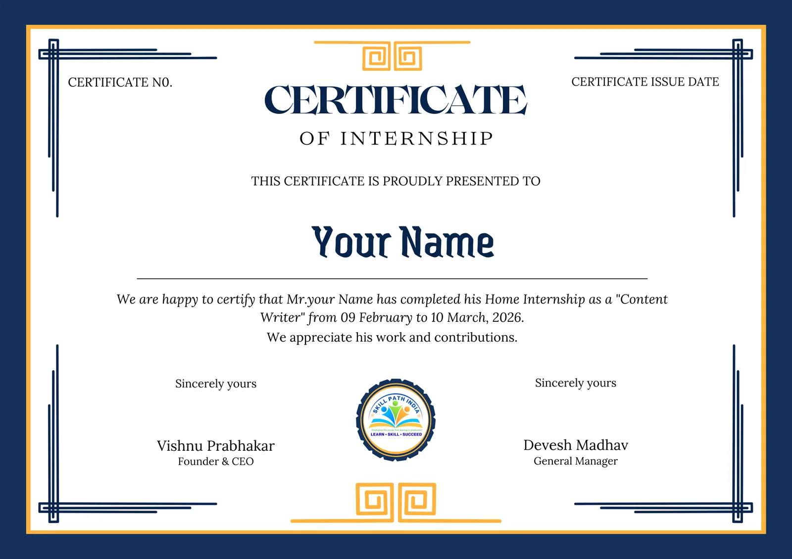 Sample Skill Path India Certificate